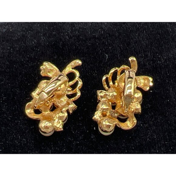 Vintage Gold Clip-On Earrings With Faux Pearls & Rhinestones Elegant Design - Picture 7 of 8